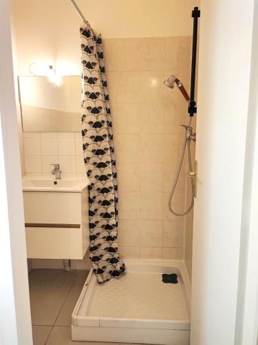 une salle de bain avec un rideau de douche et un lavabo dans l'établissement Cosy studio 14m2 centre-ville, à Villeurbanne