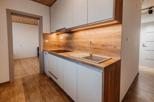 プレショフにあるApartment HM Prešovの白いキャビネットとシンクのあるキッチン