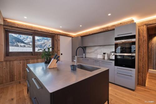 une cuisine avec un évier et un plan de travail dans l'établissement Le Belltower, à Saint-Martin-de-Belleville