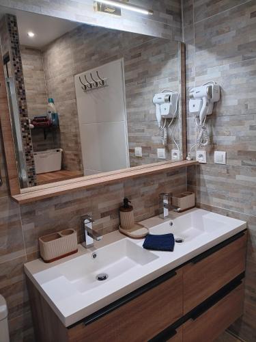 une salle de bain avec un lavabo blanc et un miroir dans l'établissement Le Petit Marais, à Échiré