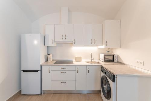 a kitchen with white cabinets and a refrigerator at Apartamentos Turísticos Zibá in Merida