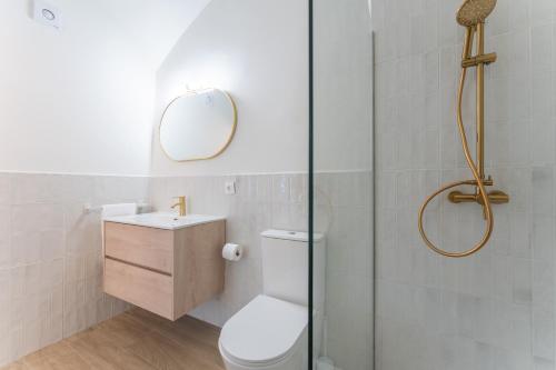 a bathroom with a toilet and a shower with a mirror at Apartamentos Turísticos Zibá in Merida