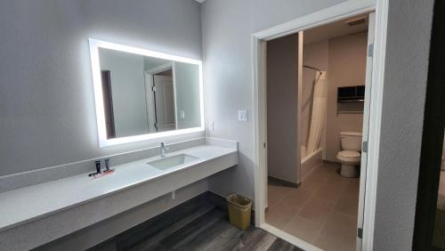 a bathroom with a sink and a mirror and a toilet at Hotel Park Place in Houston