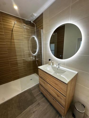 une salle de bain avec un lavabo, une douche et un miroir dans l'établissement Les Jasmins - Centre Ville de Saumur, à Saumur