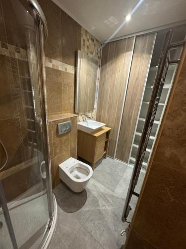 une salle de bain avec toilettes, lavabo et douche dans l'établissement Appartement Jardin 10mn centre, à Nice