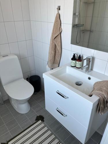 a white bathroom with a toilet and a sink at Nybyggd gästlägenhet med sovloft in Falkenberg