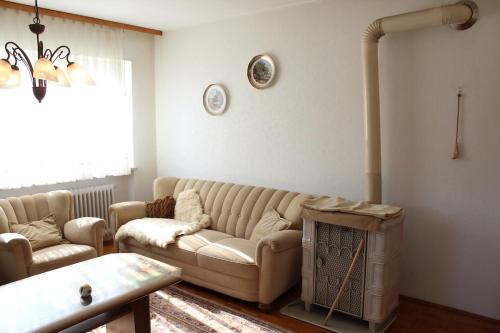 a living room with a couch and a table at Elsa's Waldnest-Nähe Fichtelsee in Warmensteinach