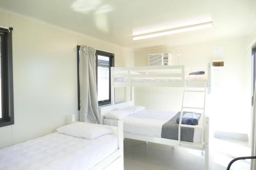 two bunk beds in a room with a window at Riverside Whakatane Holiday Park in Whakatane