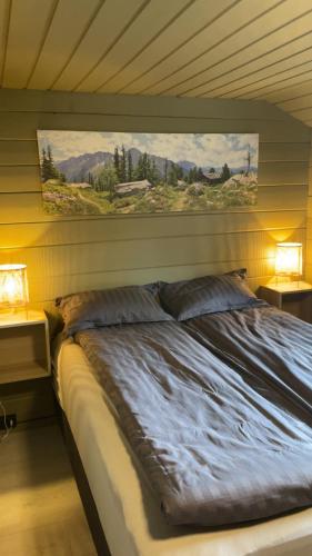 a bed in a room with two night stands and two lamps at Barlindbotn feriehytte med båtutleige in Kvalsvik