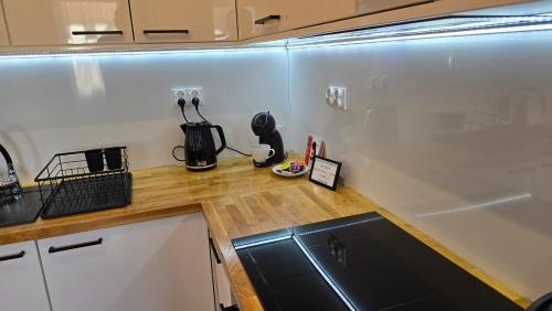 a kitchen with a sink and a counter top at Apartamenty Rynek 3 Czerwony in Osie