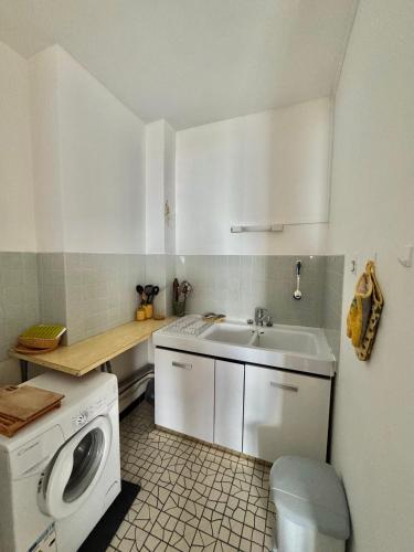 une petite cuisine avec une machine à laver et un évier dans l'établissement Aqua Appartement, à La Grande Motte