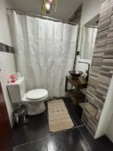 a bathroom with a toilet and a white shower curtain at Departamento la Oma in Posadas
