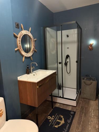 une salle de bain avec un lavabo et une douche avec un miroir dans l'établissement Le Corsaire, à Lourdes