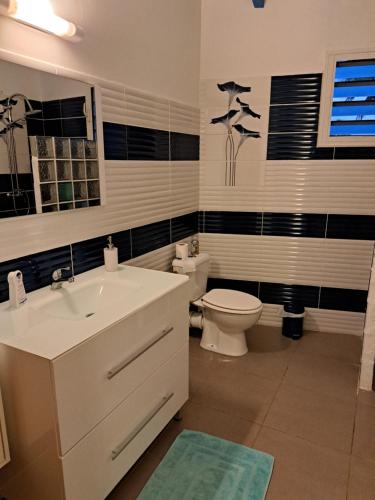 a bathroom with a white sink and a toilet at Résidence Fleur de Lys 1 in Petit-Bourg