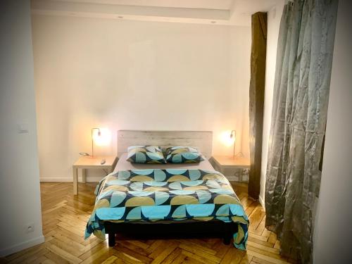 a bedroom with a bed with two tables and two lamps at 9M en plein centre de Lyon visite à pied in Lyon