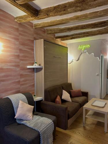 un salon avec un canapé et une table dans l'établissement Magnifique Cocon Intra-Muros - Studio de Charme au Coeur d'Avignon, à Avignon
