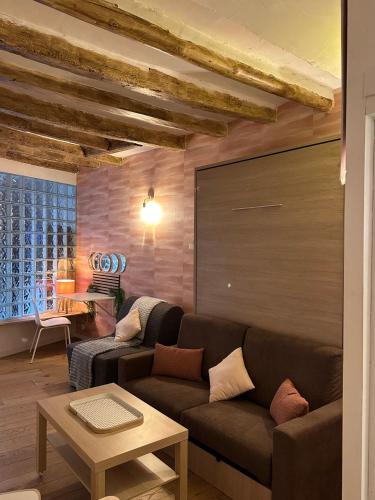 un salon avec un canapé et une table dans l'établissement Magnifique Cocon Intra-Muros - Studio de Charme au Coeur d'Avignon, à Avignon