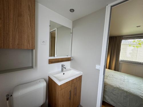 une salle de bain avec toilettes, lavabo et miroir dans l'établissement Bungalow moderne vue bassin les viviers Cap-ferret, à Lège-Cap-Ferret
