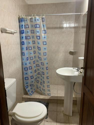 a bathroom with a toilet a sink and a shower curtain at Yvoty miní in Puerto Iguazú
