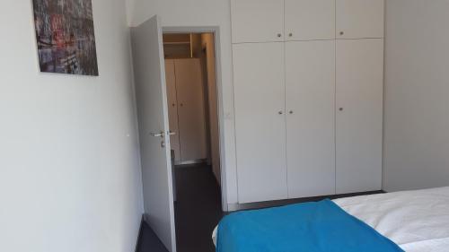 a bedroom with white cabinets and a blue bed at Grenade in Geneva