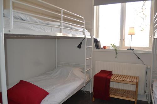 a bedroom with a bunk bed and a bench at Ljungsbro Vandrarhem in Ljungsbro