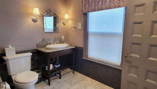 a bathroom with a toilet and a sink and a window at The New Victorian Mansion Bed & Breakfast in Saint Paul