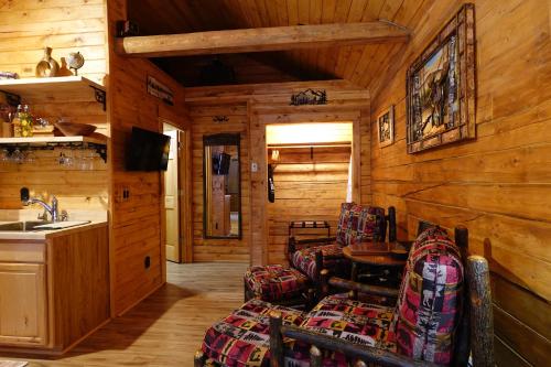 a living room with chairs and a sink in a cabin at Moose-AKa's Cabins in Healy