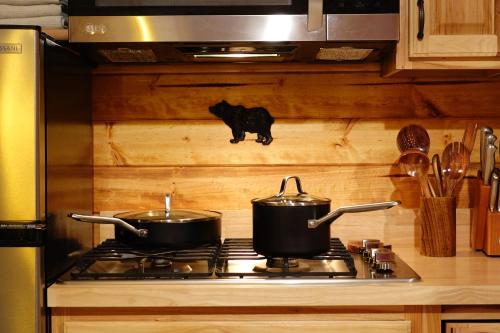 a stove top with two pots on top of it at Moose-AKa's Cabins in Healy