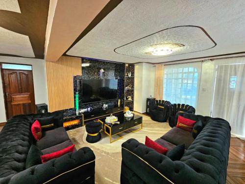 a living room with black couches and a flat screen tv at pinlifehomes in Naro Moru