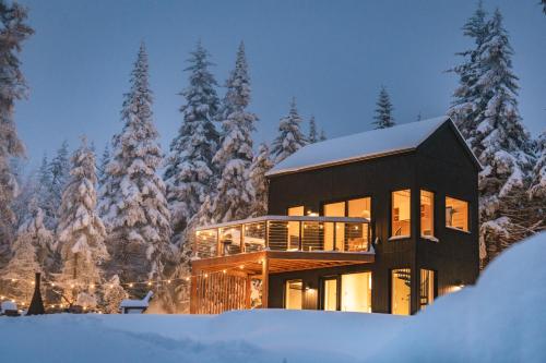 a house in the snow in front of trees at Landskäp - Panoramic View With Spa Near Quebec City in Lac-Beauport