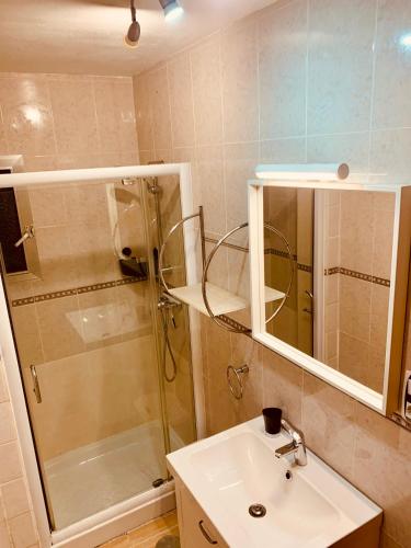 a bathroom with a sink and a shower and a mirror at Casa Hermosa in Fortuna