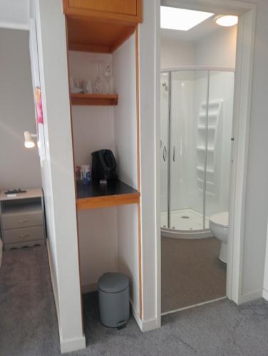 a bathroom with a shower and a toilet at Cosmopolitan Hotel in Westport