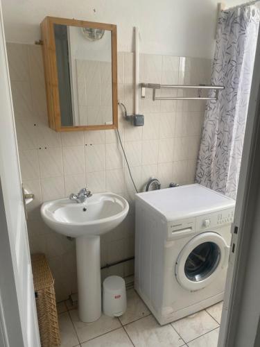 Un baño con lavadora y lavabo. en Appartement les Colibris, en Trois-Rivières