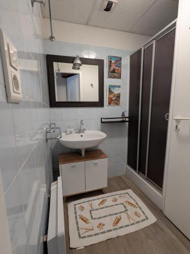 une salle de bain avec un lavabo, une douche et un miroir dans l'établissement Appartement plein centre, à Cauterets