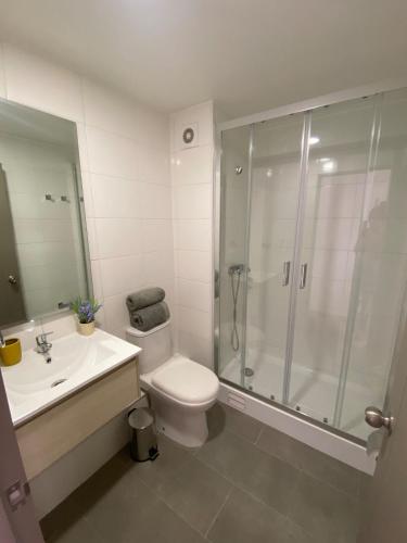 a bathroom with a shower and a toilet and a sink at Hermoso Departamento 8 Estudio en Concepción in Concepción