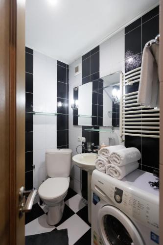 a bathroom with a toilet and a washing machine at Kvitka Polonyny Apartamenty in Solochin