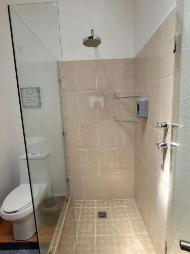 a bathroom with a toilet and a glass shower stall at Casa Los Pinos, with a lake view in Avándaro in Valle de Bravo