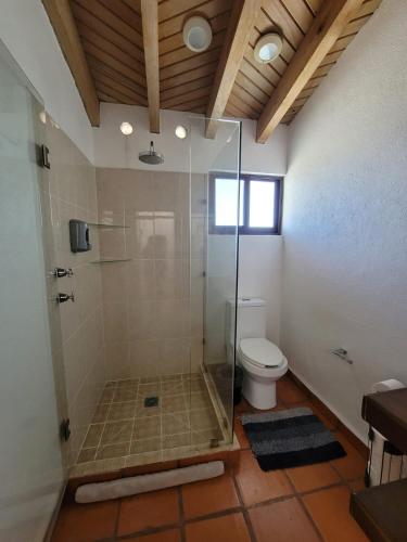 a bathroom with a shower and a toilet at Casa Los Pinos, with a lake view in Avándaro in Valle de Bravo