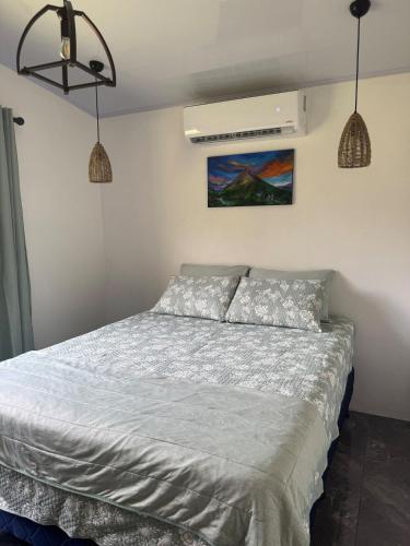 a bedroom with a bed and two pendant lights at Villa Tucán Fortuna in Fortuna