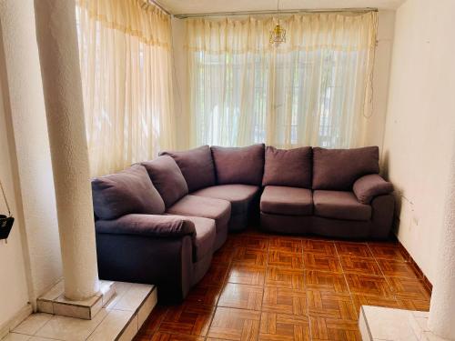 a living room with a brown couch in front of a window at Boogirl in Aguascalientes
