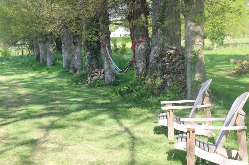 a wooden bench sitting in the grass next to trees at Gîte de Merlin l 'enchanteur in Lieuron