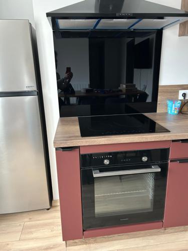 une cuisine avec une cuisinière et un réfrigérateur dans l'établissement Les vosgiens, à Gérardmer