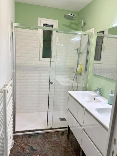 une salle de bain avec douche et lavabo dans l'établissement La maison des Epinouses, 4 chambres à 450M de la plage de Chaucre, à Saint-Georges-dʼOléron