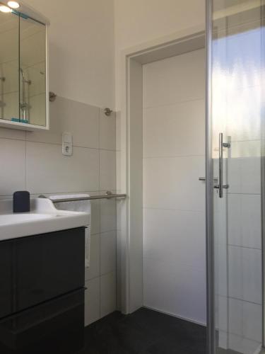 a bathroom with a shower and a sink and a mirror at Ferienwohnung Lee in Bad Neuenahr-Ahrweiler