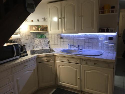 une cuisine avec un évier et un micro-ondes dans l'établissement Grauplage, au Grau-dʼAgde