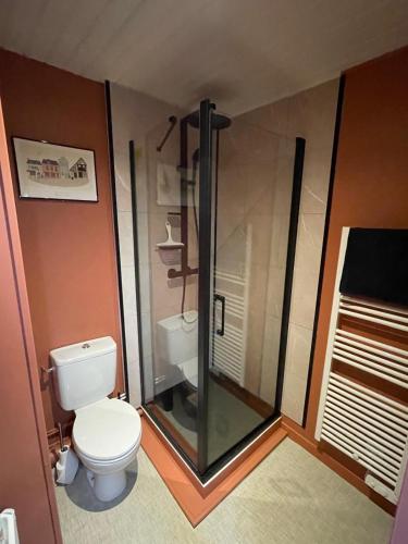 une salle de bain avec toilettes et douche en verre dans l'établissement Cocon urbain de charme, à Dinan