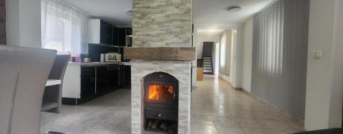 a kitchen with a fireplace in the middle of a room at Villa- SARA in Lavamünd
