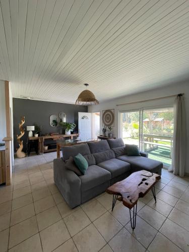 un salon avec un canapé et une table dans l'établissement Agréable maison de vacances, à Soustons