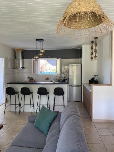 un salon avec un canapé et une cuisine dans l'établissement Agréable maison de vacances, à Soustons