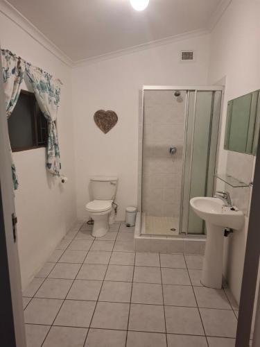 克卢夫Lovely 1 Queen bed, 1 Sleeper couch Self-catering cottage的浴室里有马桶、洗手池和淋浴。